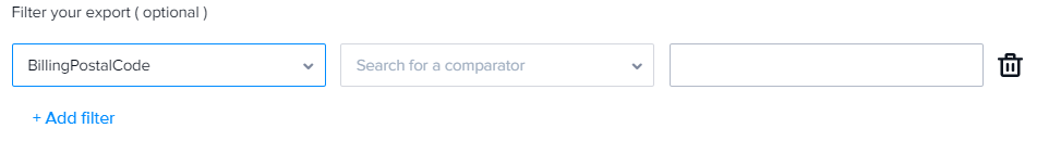 The Add filter dropdown with a field selected and the comparator dropdown visible.