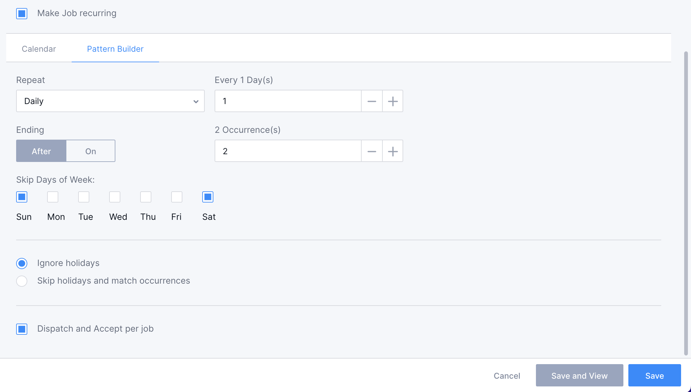How to configure a recurring schedule for a job using the pattern builder.