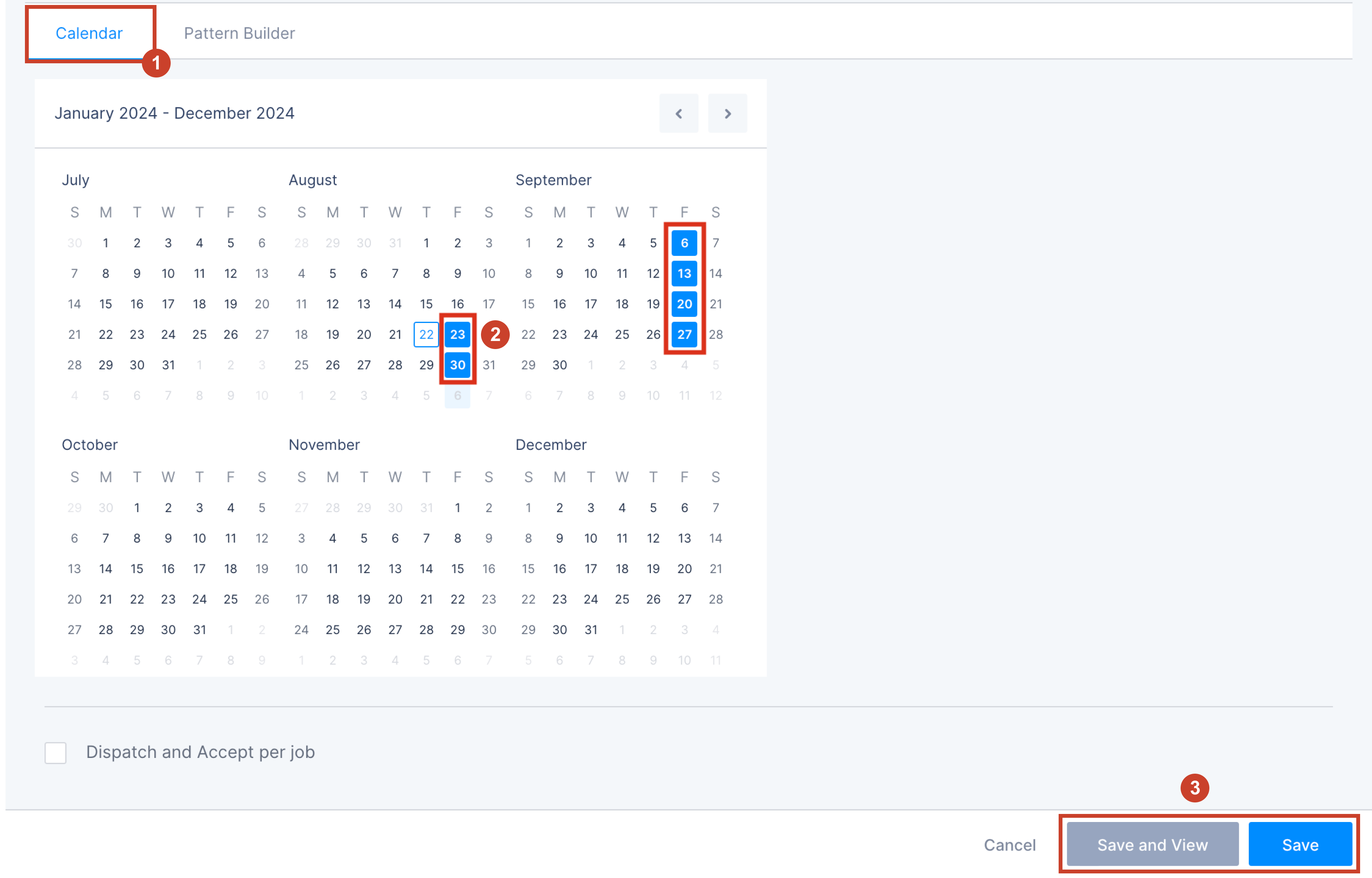 How to configure a recurring schedule for a job using the calendar.