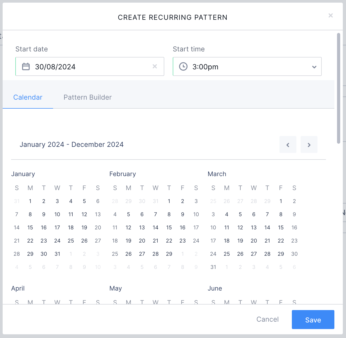 The Create recurring pattern modal.