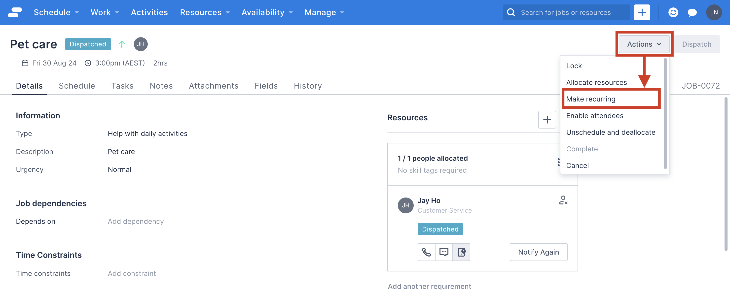 The Make recurring option in the work details page.