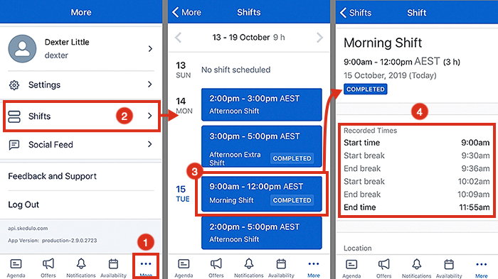 Viewing the recorded shift times on the Skedulo v2 mobile app.
